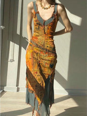 Harajuku Irregular Y2k Vestidos Korean Fairy Elegant Sleeveless Dresses Personality Vintage Print Dress
