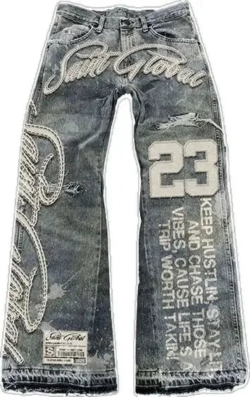 Streetwear Vintage Washed Jeans Y2K Clothing Hip Hop Alphabet Patch Embroidered Baggy Jeans Mid Rise Wide Leg Trousers