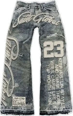 Streetwear Vintage Washed Jeans Y2K Clothing Hip Hop Alphabet Patch Embroidered Baggy Jeans Mid Rise Wide Leg Trousers