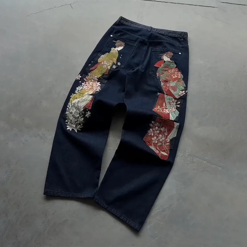 Y2K Baggy Jeans vintage Embroidered denim fabric American style jeans Gothic streetwear Hip Hop wide leg pants