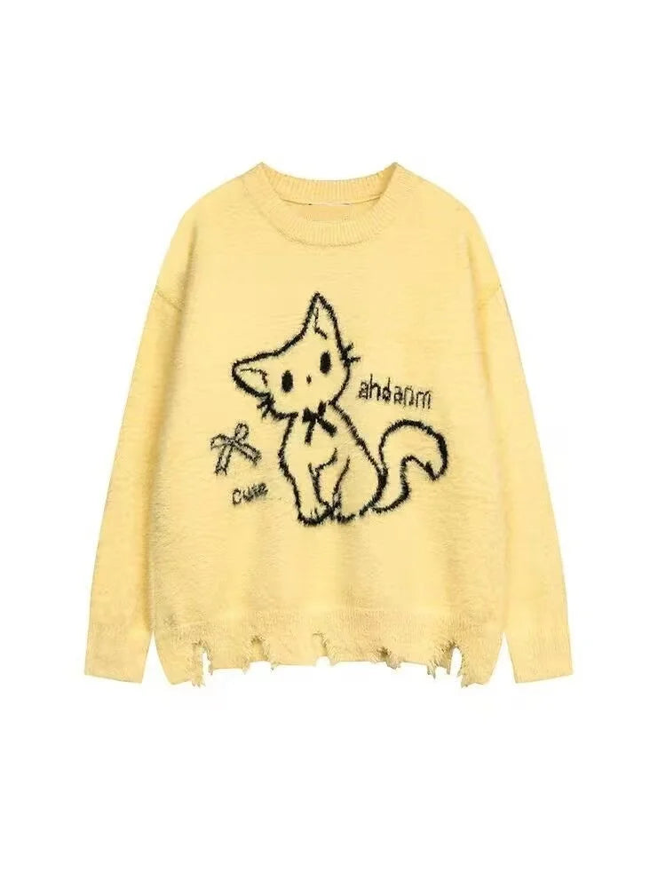 American Green Bow Neck Sweater Loose Print Pattern Vintage High Street Lazy Wind Knitted Sweater