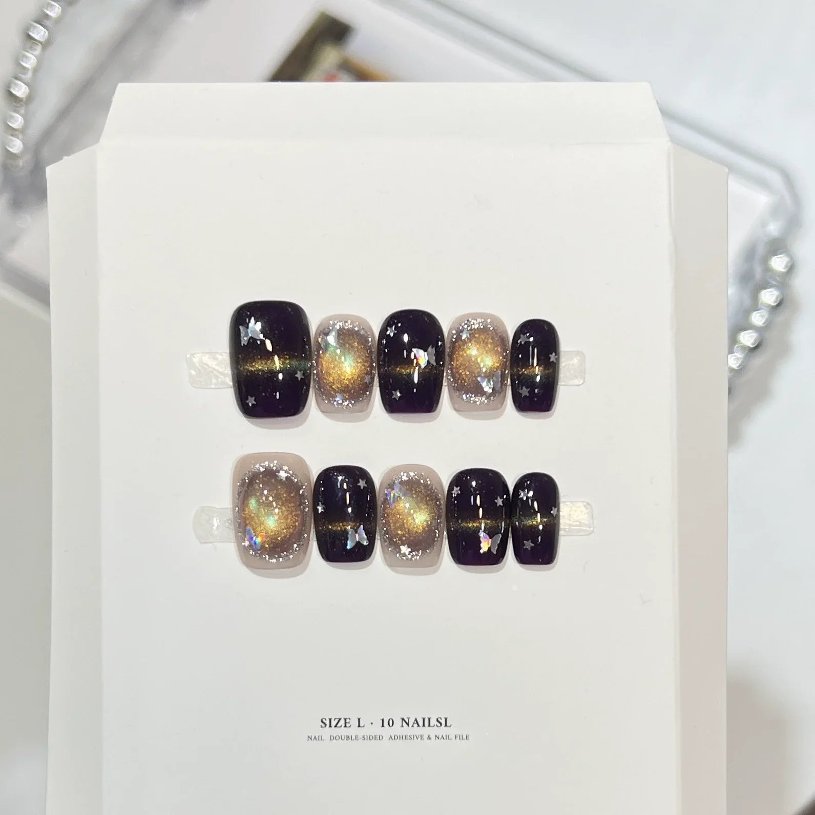 10Pcs Cute Handmade Press on Nails Short Korean Fake Nails with 3D Star Moon Nail Art Rhinestone Heart Artifical False Nails Art