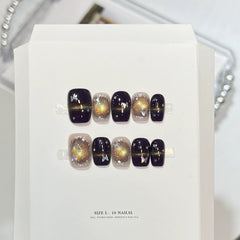 10Pcs Cute Handmade Press on Nails Short Korean Fake Nails with 3D Star Moon Nail Art Rhinestone Heart Artifical False Nails Art