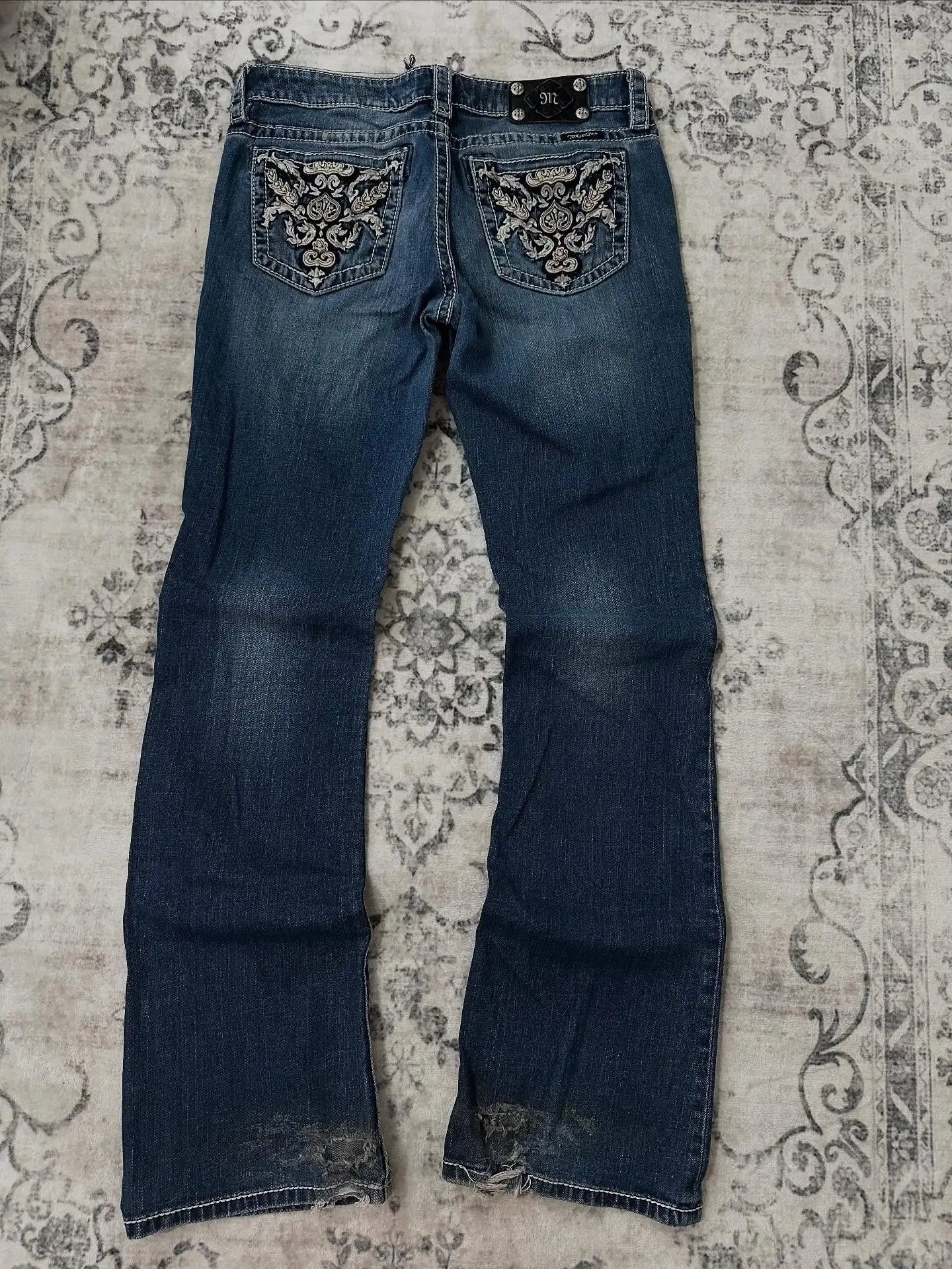 American Y2k Gothic Punk Pocket Embroidered Jeans Harajuku Retro Blue Loose Jeansable High Waist Slimming Wide Leg Pants