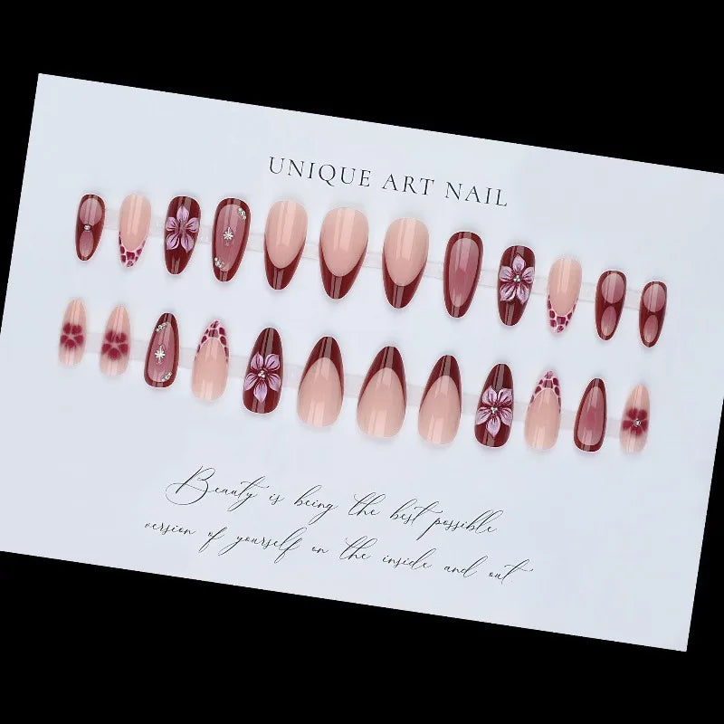 24PCS Simple Ins Dark Pink Blush 3D Flower Almond False Nails with Glue Leopard Print French Spice Girls Fake Nail Tips Press On