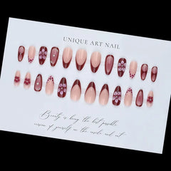 24PCS Simple Ins Dark Pink Blush 3D Flower Almond False Nails with Glue Leopard Print French Spice Girls Fake Nail Tips Press On