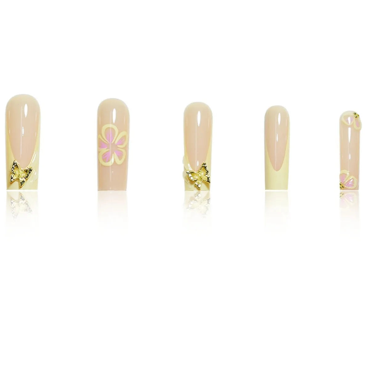 24pcs Fresh Long Coffin Fake Nails Yellow French Style Flower Printed Metal Butterfly Designs Press On Nails False Nail