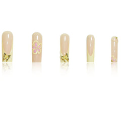 24pcs Fresh Long Coffin Fake Nails Yellow French Style Flower Printed Metal Butterfly Designs Press On Nails False Nail