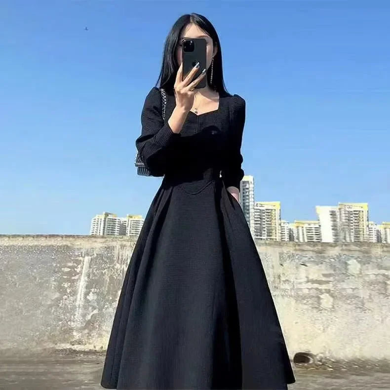 Early Long Dress Elegant French Hepburn Style Slimming Black Long Sleeve Dress Sale Of The Season