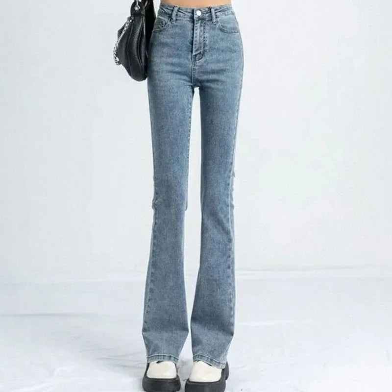 Korean Flare Jeans Girls High Waist Elastic Boot Cut Pants Lady Vintage Blue Black Gray Brown Denim Bell Bottom Trousers