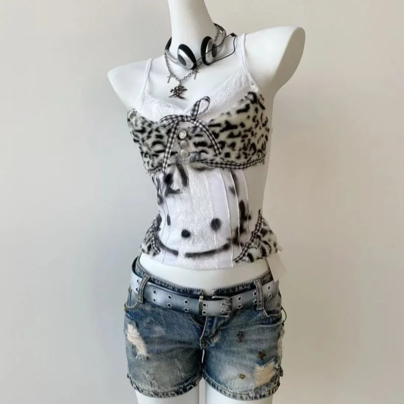 Vintage Y2K Hottie Halter Tank Tops American Subculture Leopard Patchwork Vest Kawaii Kitten Print Slim-fit Short Top