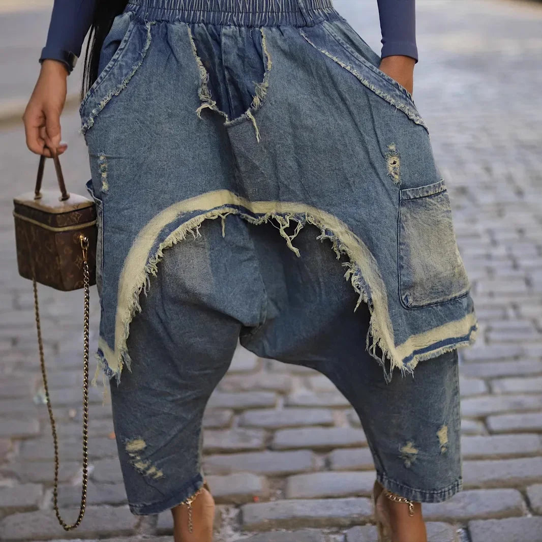 Jeans Harem Pants Hip Hop Punk Denim Pant Hole Elastic Waist Washed Distressed Pockets Streetwear Ripped Trousers