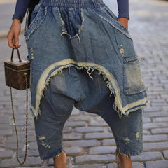 Jeans Harem Pants Hip Hop Punk Denim Pant Hole Elastic Waist Washed Distressed Pockets Streetwear Ripped Trousers