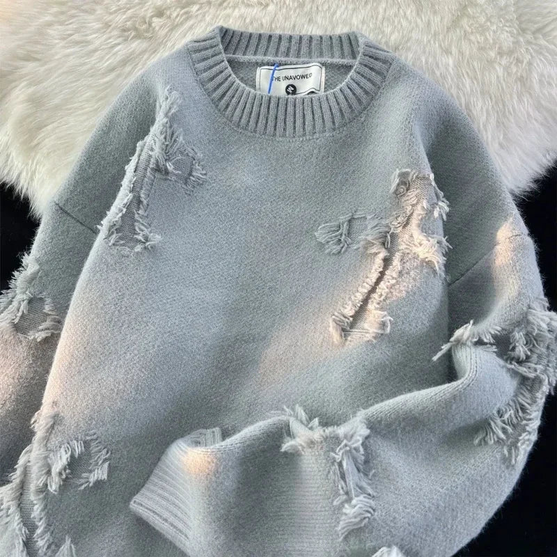 and y2k Streetwear Retro Hole Fringed Sweater Loose Versatile Sweater