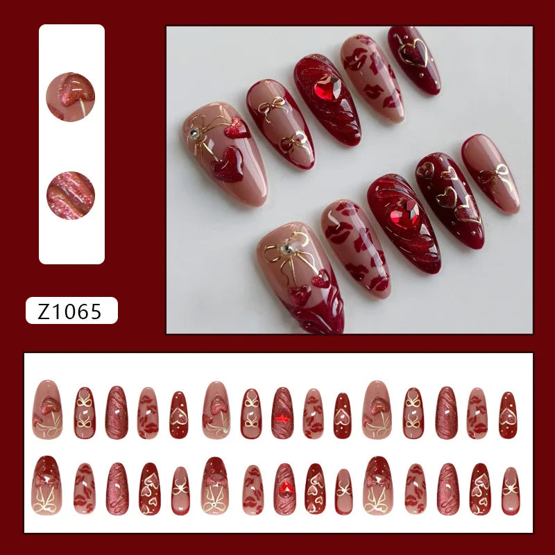 24pcs False Nails Glossy Green Almond Fake Nail Tips Wearable Detachable Flower Print Press on Nails