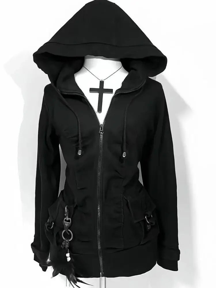 Black Trend Casual Hoodie Retro Gothic Sweatshirts Hip Hop Punk Style Multifunctional High Street Cardigan