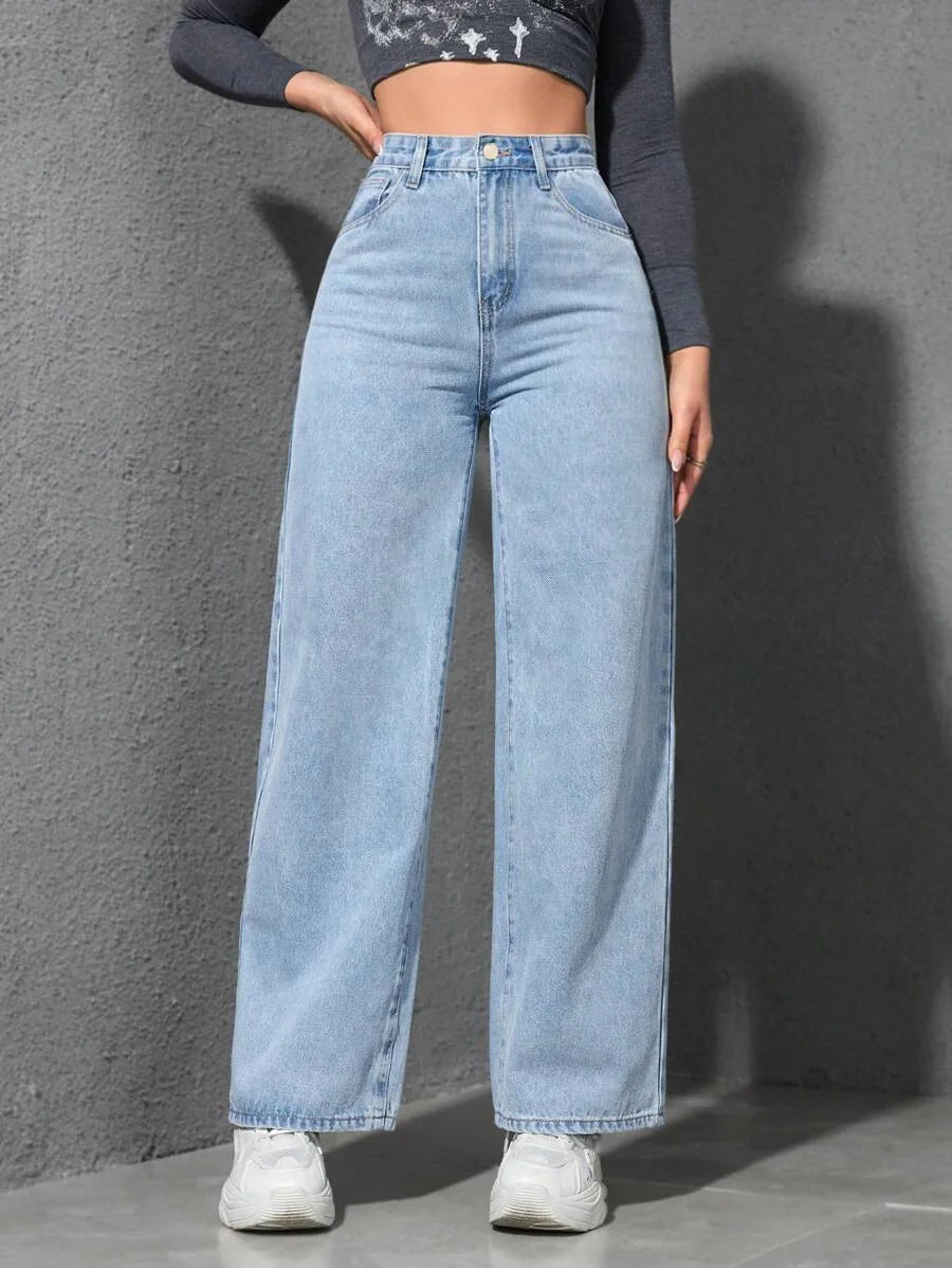 Retro Loose Wide Leg Jeans Solid Straight Wash High Elastic Waist Denim Pants Casual Streetwear Pocket Trousers