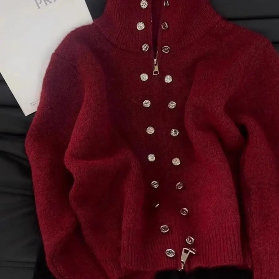 Luxury Fluffy Knitted Cardigan Sweater Design Double Breasted Sweater Coat High-end Lazy Zipper 2000s Y2k Knit Top