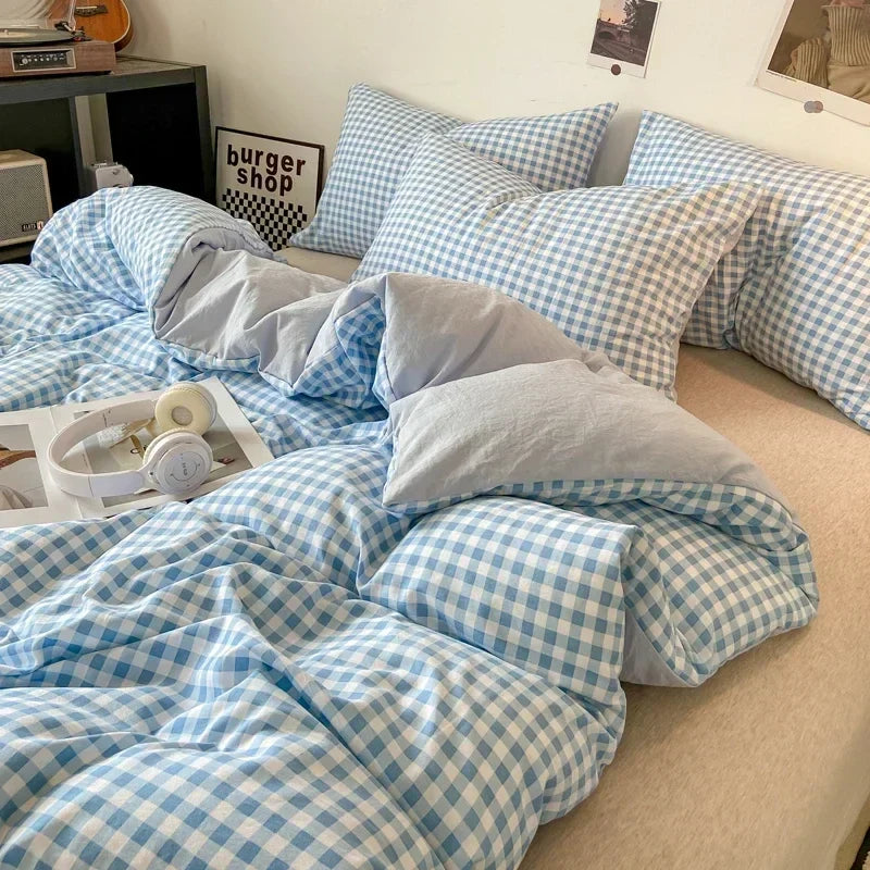 Japanese Style Check Queen Quilt Cover Set 1/3 Pcs Soft Washed Duvet Cover