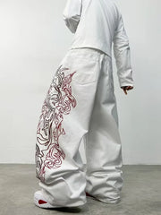 Unisex White Red Tribal Flame Print Loose Wide Leg Jeans Y2K Grunge Streetwear Oversized Denim Pants
