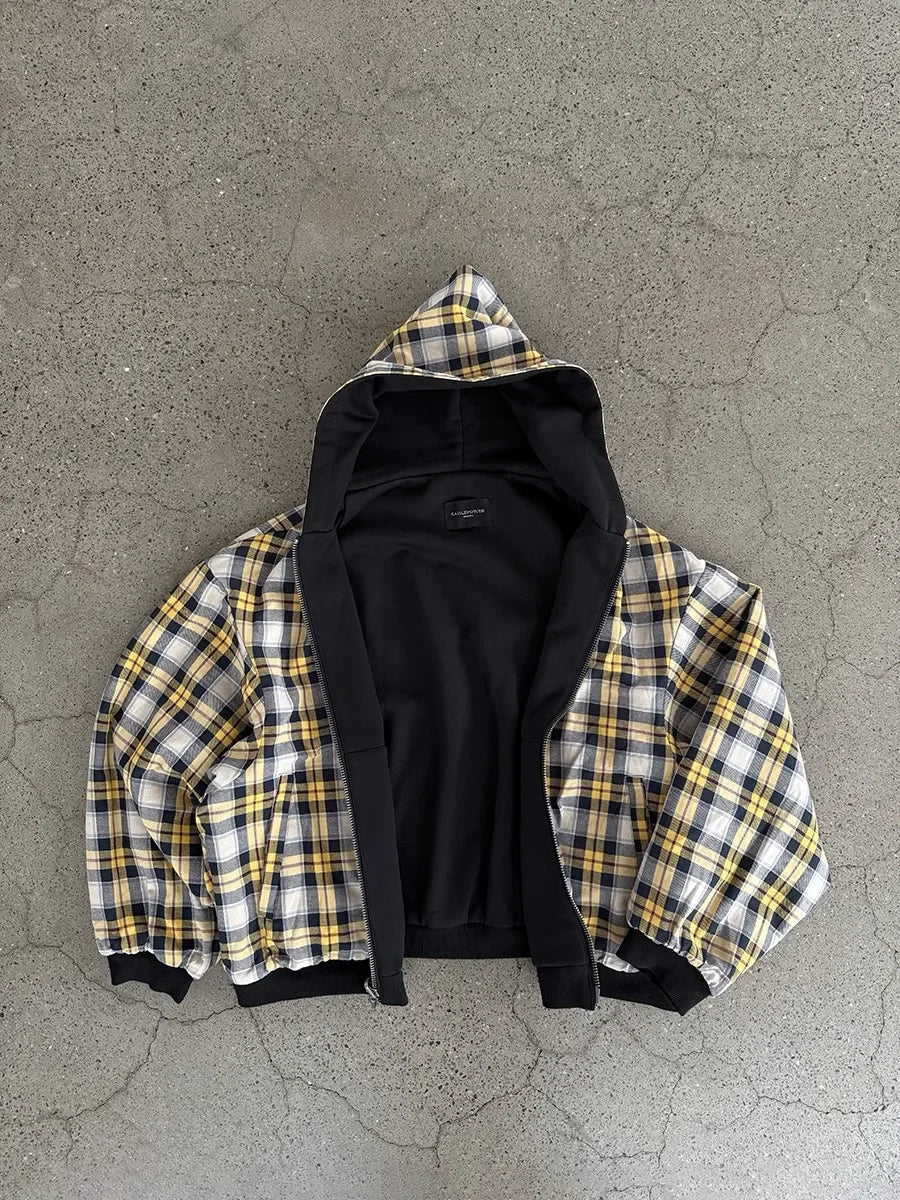 Korean Yellow Plaid Double-Sided Zipper Black Sweatshirt Hoodie