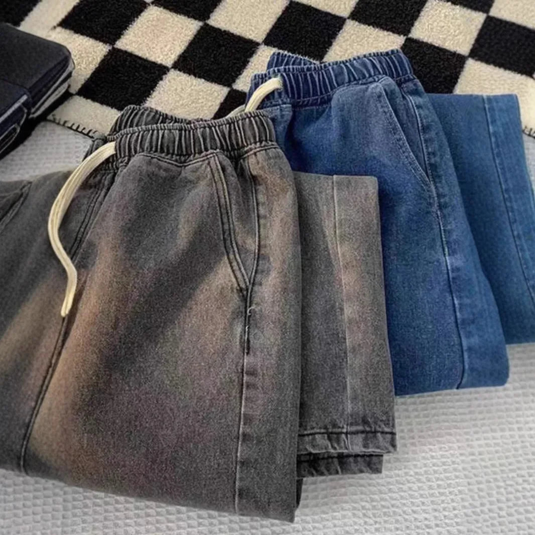 Loose Straight Leg High Waist Elastic Waist Jeans Vintage High Street Trendy Wide Leg Personalized Straight