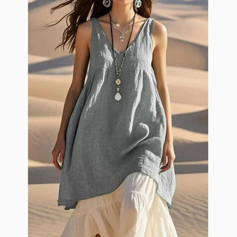 V-Neck Sleeveless Cotton Linen Beach Dress Loose Waist Midi Dress Comfortable Breathable Dress