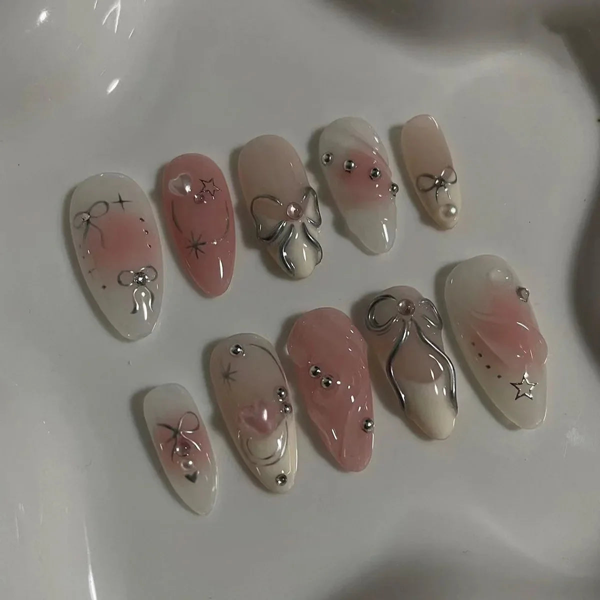 24PCS Wine Red Almond Press on Nails Cartoon Rabbit Bowknot with Plaid Pearl Designs French Fake Nails