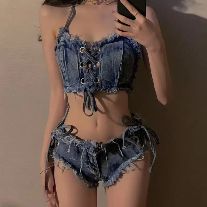 Y2K Low Rise Micro Shorts American Vintage Laced Cutout Denim Cheeky Pants Viral Retro Stitch Line Denim Shorts