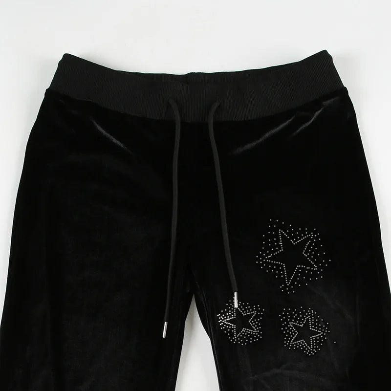 Velvet Pants Goth Dark Y2K Star Diamond Slim Flared Pants Retro Streetwear Low Waist Bellbottom Pants