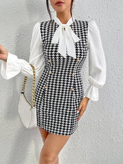Temperament Color Contrast Print Casual Bow Tie Slim Long-sleeved Dress