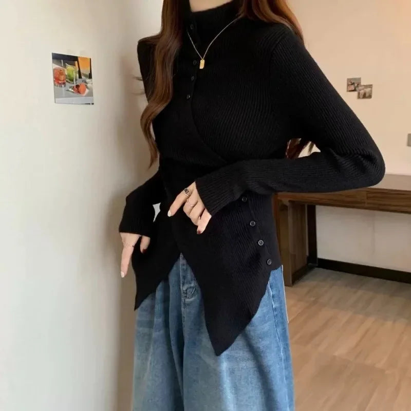 Deeptown Harajuku Black Turtleneck Sweaters Criss Cross Irregular Korean Button Knit Pullovers Slim Warm Aesthetic