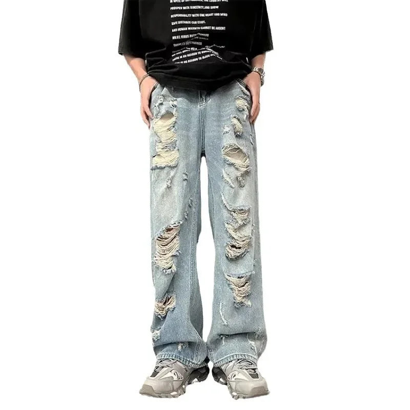 Vintage Distressed Straight-leg Jeans American Style Slimming Bell Bottoms Loose Fit High-waisted Thin Version