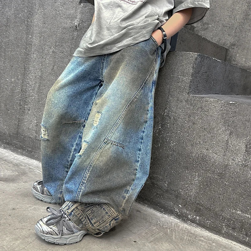 American Tween Girl High Distressed Wide Leg Banana Jeans