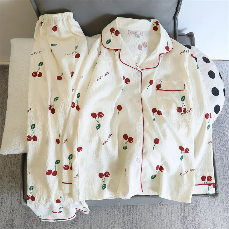 2 PCS Pajama Sleepwear Pajama Set Long Sleeved Pants Suit Peach Print Ventilate Soft Comfortable Home Leisure Home Clothes