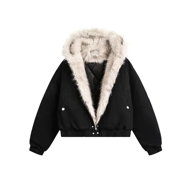 Y2K American Black Retro Wool Collar Thickened Cotton Jacket