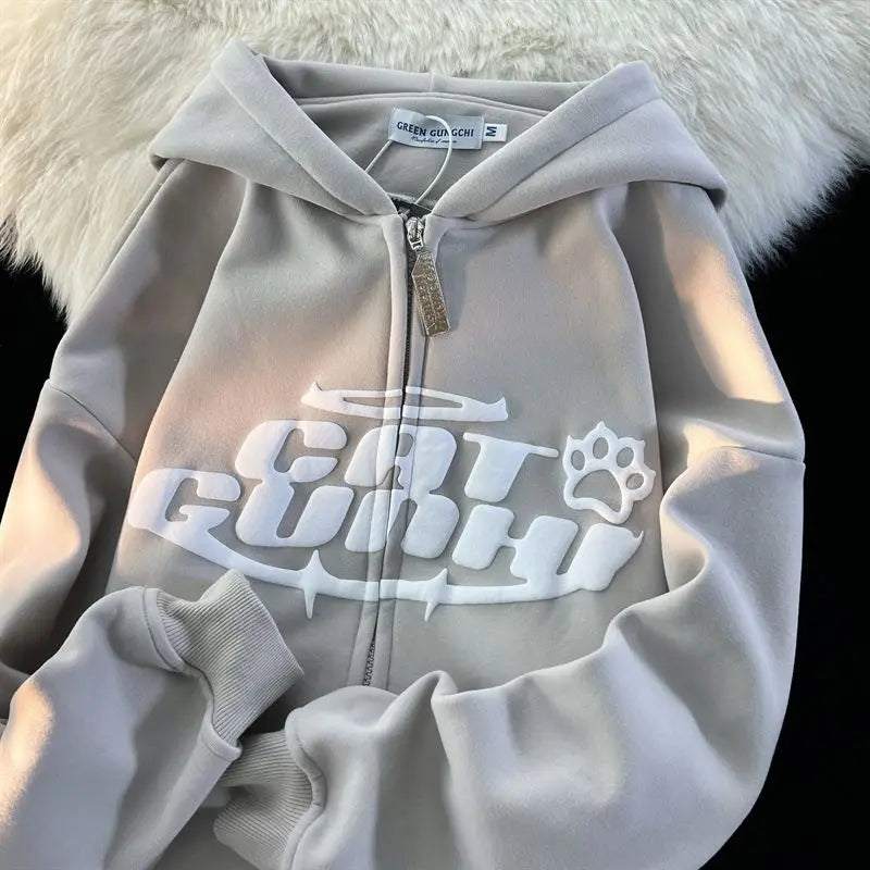 Y2K American Letter Printed Zip-up Hoodies Street Harajuku Style Sweatshirt Couple Casual Loose Plus Velvet Hoodie