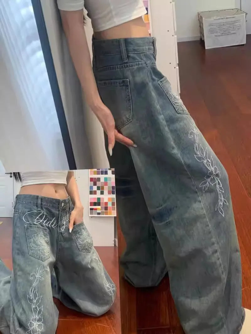 Ladies Loose Fit Straight Leg Jeans Blue Washed Floral Letter Embroidery Unique Street Style American Casual Trousers
