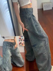Ladies Loose Fit Straight Leg Jeans Blue Washed Floral Letter Embroidery Unique Street Style American Casual Trousers