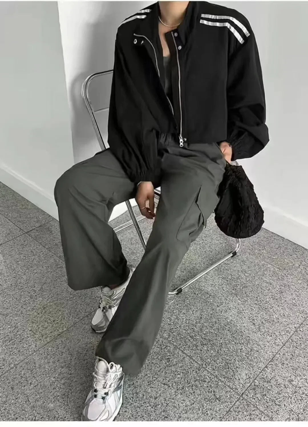 Loose Stand Collar Striped Design Two Bars Korean Chic Jacket Versatile Outerwear Full Sleeve Korean Style