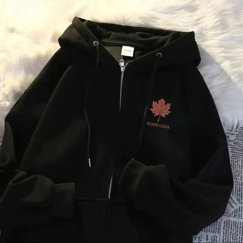 Style Maple Leaf Print Unisex Oversized Versatile Zipper Casual Outerwear Polyester Comfortable Leisure Coat