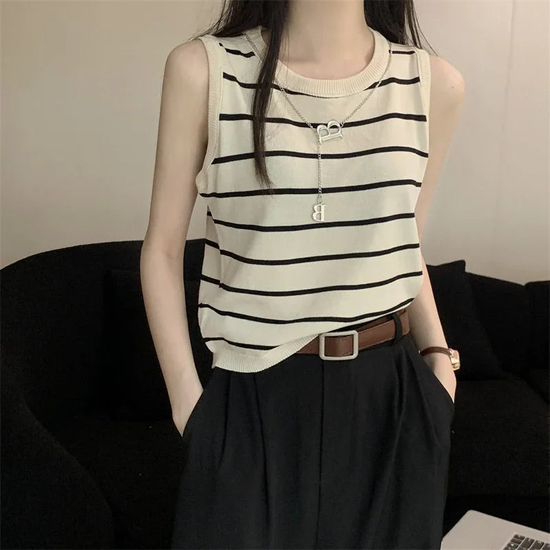 Striped Stretch Vest Basic Versatile Short Top Clothing