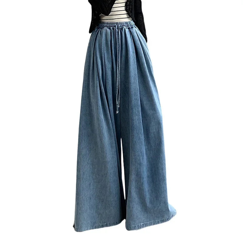Loose-Fit Plus Size Jeans Slimming Wide-Leg Ground-Length Simple Style Casual Ladies Pants