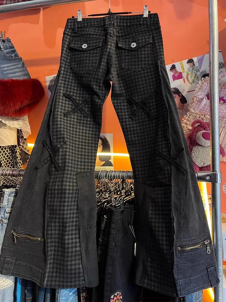 Gothic Y2k High-waist Design Plaid Trousers Vintage Skinny Patchwork Jeans Girl Retro Outfits