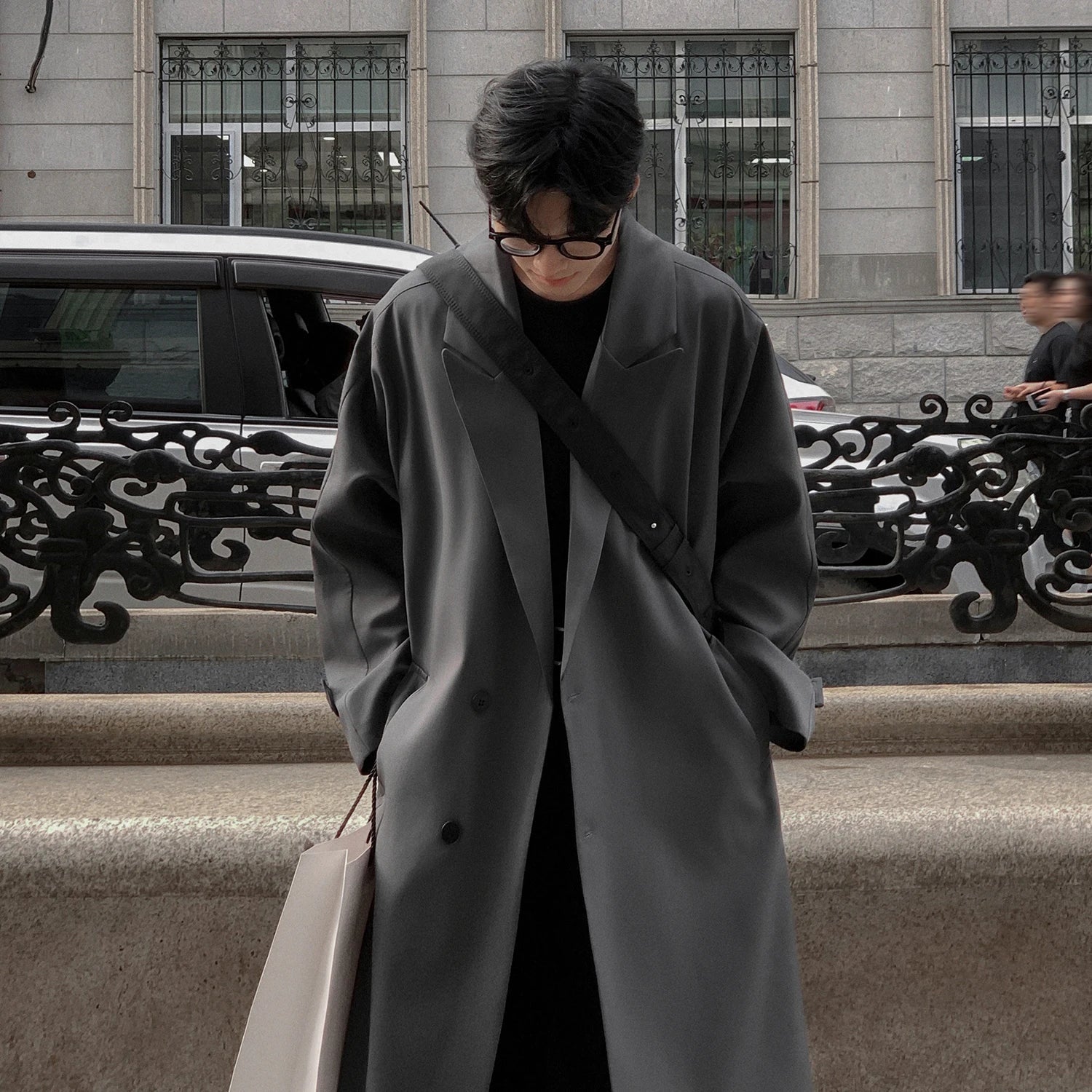 Trench Coat Korean Overcoat Male Long Windbreaker Streetwear Trench Outerwear Black/Gray/Coffee