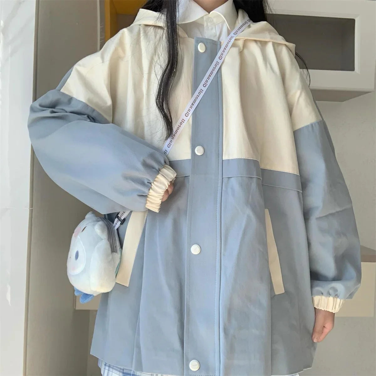 Cute Charm Outdoors Oversized Blue Series Hoodie Button Street Clothing Retro Simple Pullover Sweatshirt