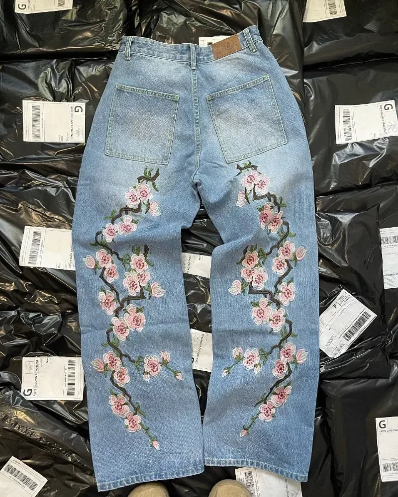 Y2K Baggy Jeans Harajuku vintage cherry blossom Embroidery jeans streetwear Hip Hop gothic wide leg jeans