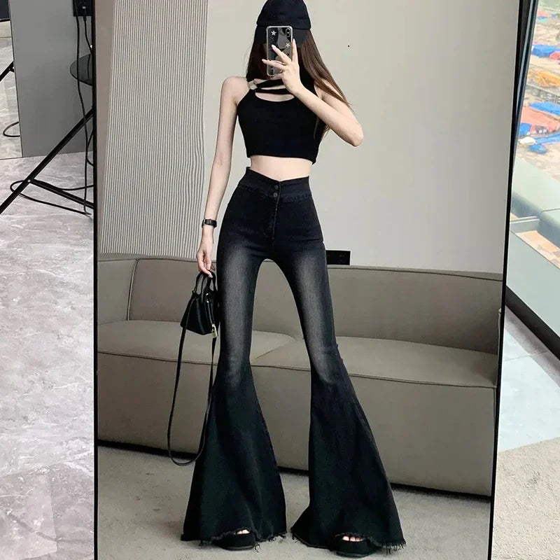 Lucyever Skinny Flare Jeans Vintage Slim Fit High Waist Denim Pants Y2K Streetwear Wide Leg Trousers