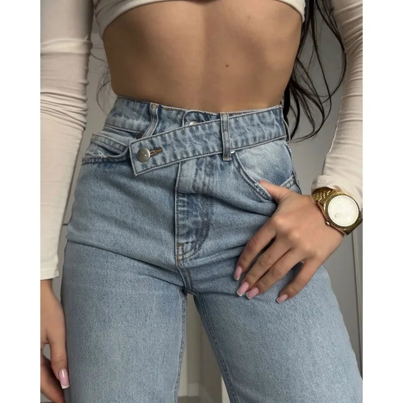 Dislocation Design High Waist Split Jeans Straight Trousers