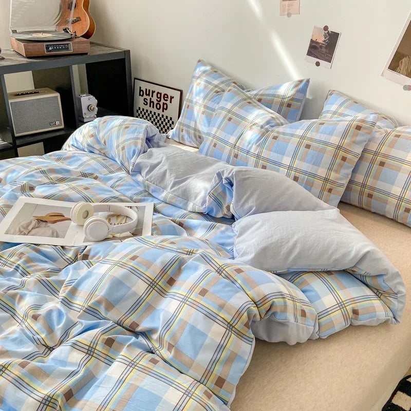 Japanese Style Check Queen Quilt Cover Set 1/3 Pcs Soft Washed Duvet Cover